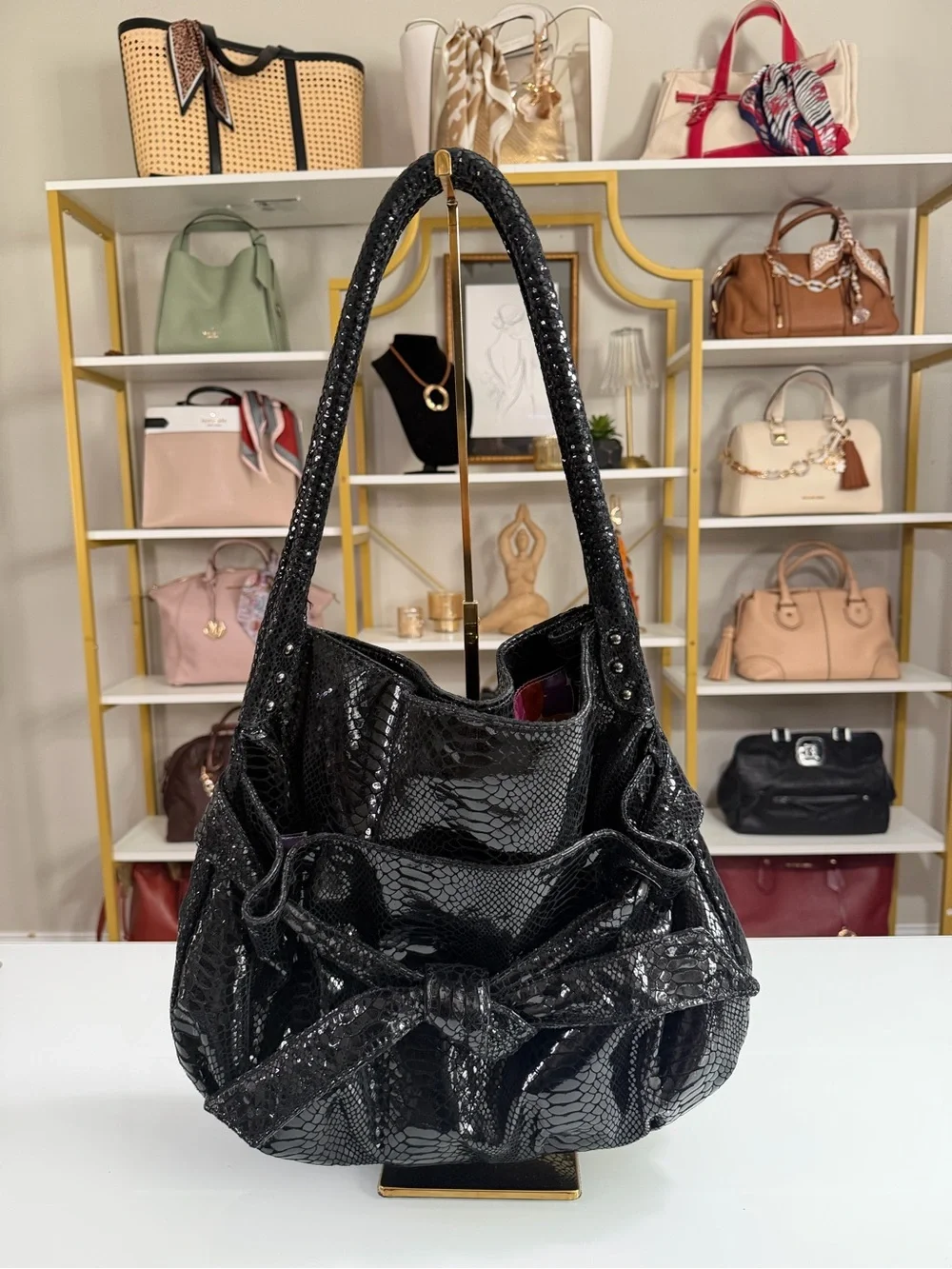 Perlina Black Snakeskin embossed patent leather Bow Shoulder Bag